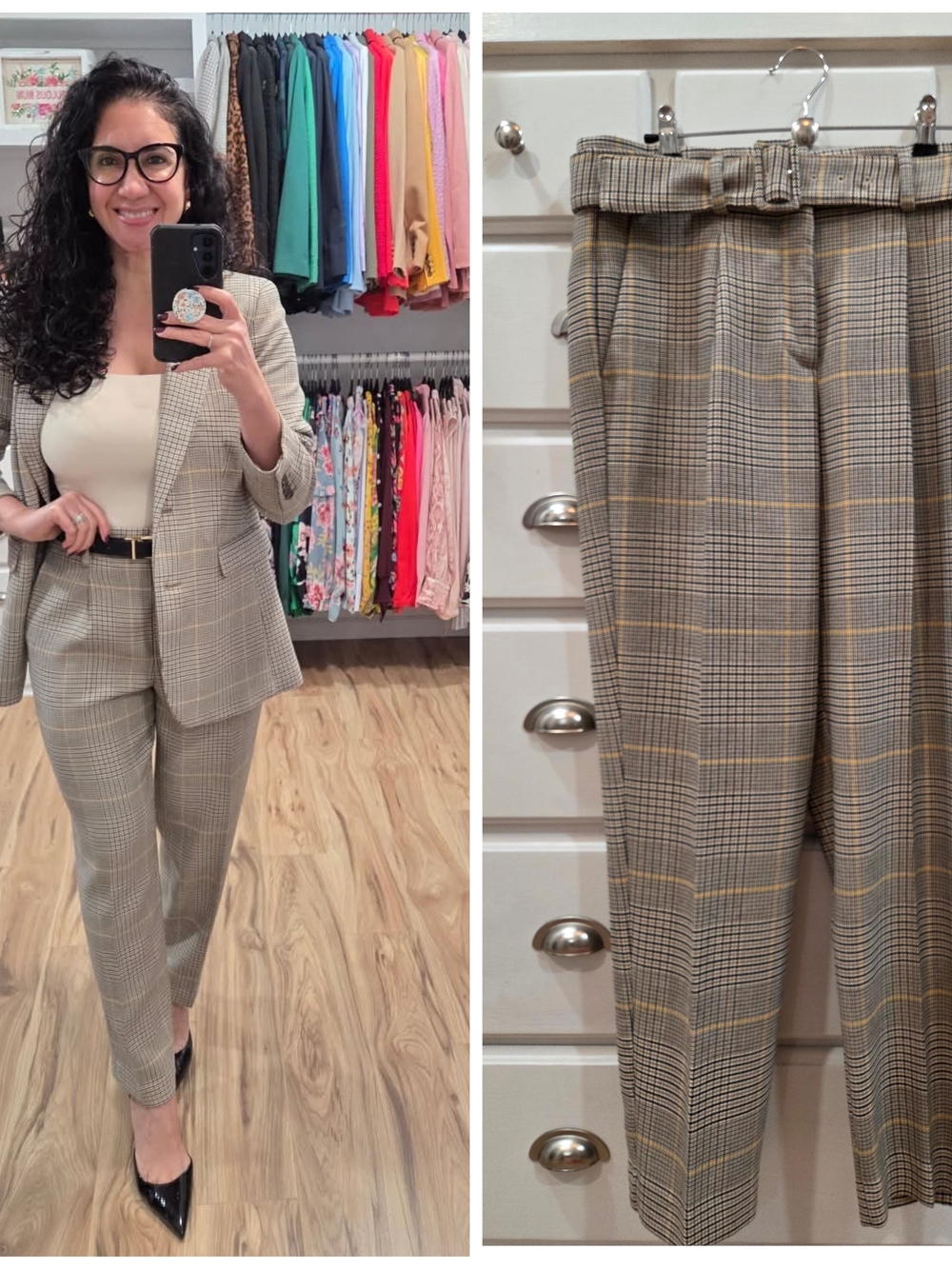 Ann Taylor Beige Plaid Paperbag Waist Trousers with Yellow Windowpane